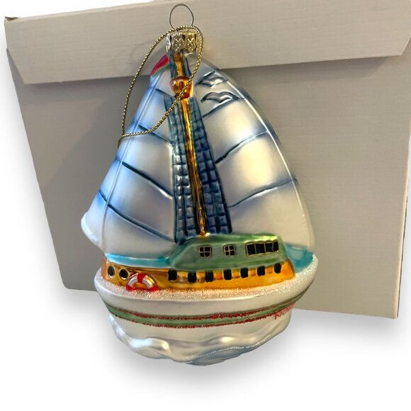 Blown Glass Noel Sailboat Christmas Ornament Vintage - Picture 3 of 4